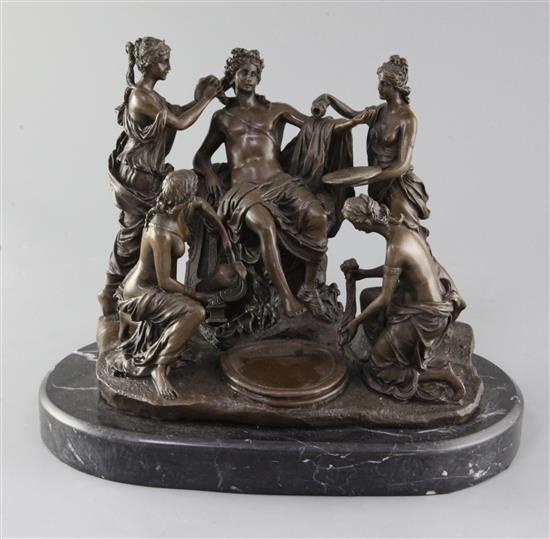 M. Mercie. A bronze group of a classical youth with female attendants, width 12.5in.